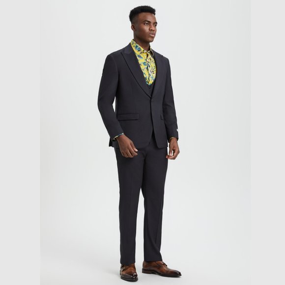 Stacy Adams Solid 3pc Men's Suit w/ U-Neck Vest, Dark Charcoal - Picture 3 of 5